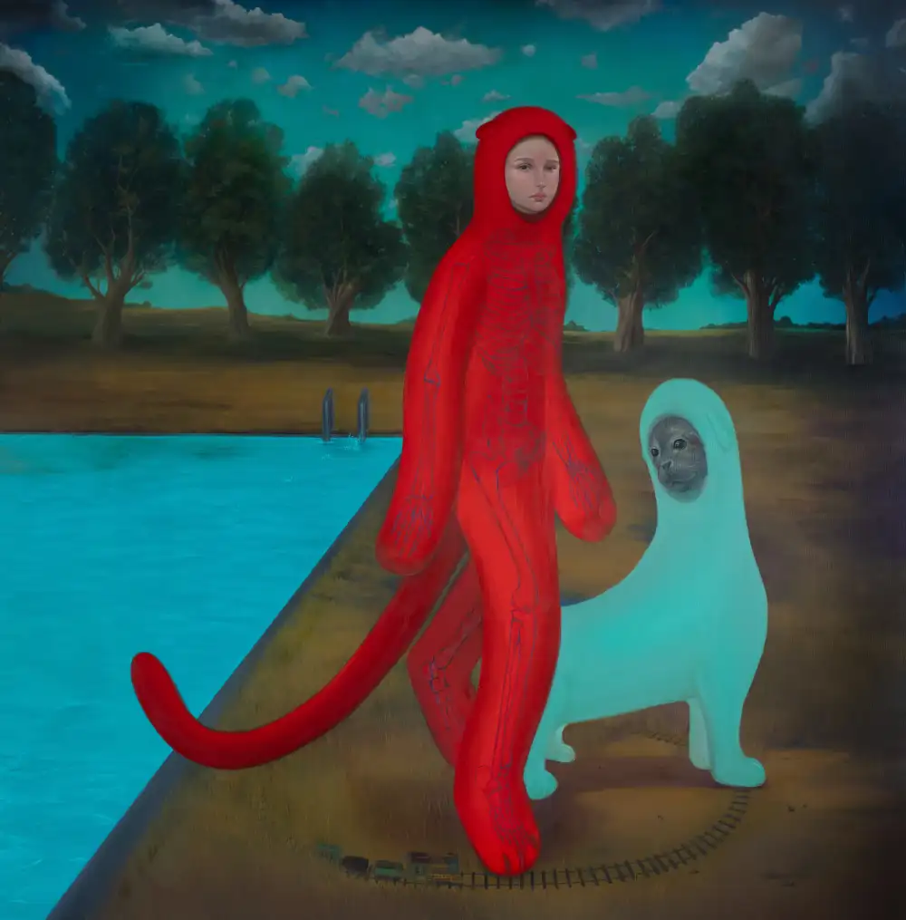 Maria-Roza_Raylardaki-Kirmizi-ve-Turkuaz_Red-and-Turquoise-on-the-Rails_2024_tuval-uzerine-yagliboya_oil-on-canvas_182x178L