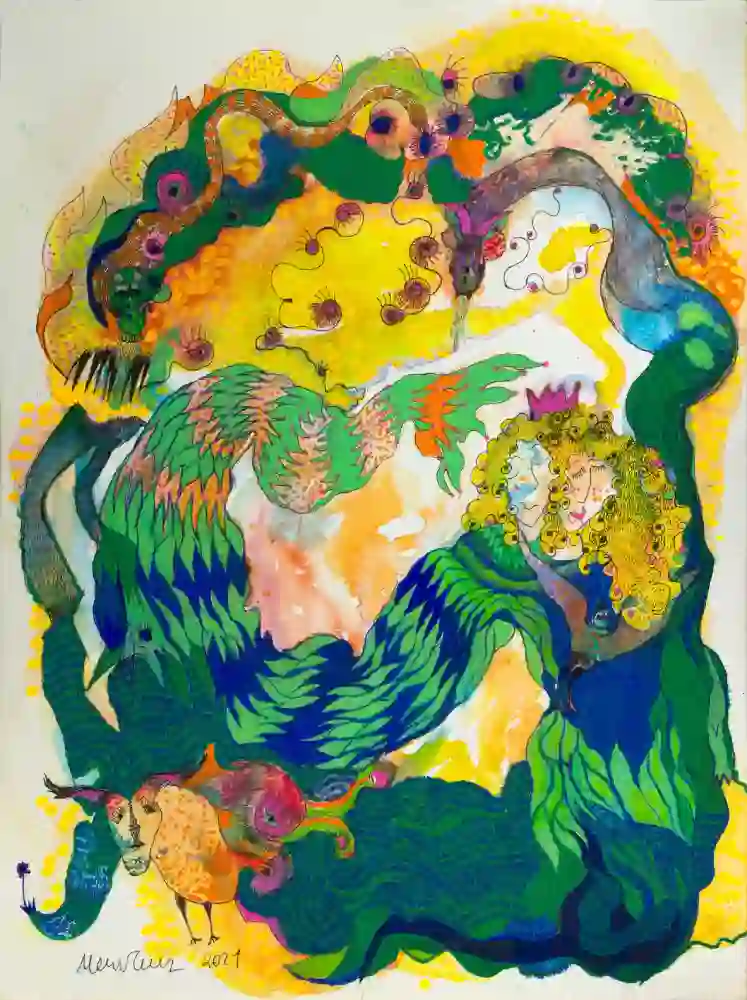 Merve Turan, Ejderha ve Deniz Kızı, 2021, kağıt üzerine karışık teknik, 40x30cm